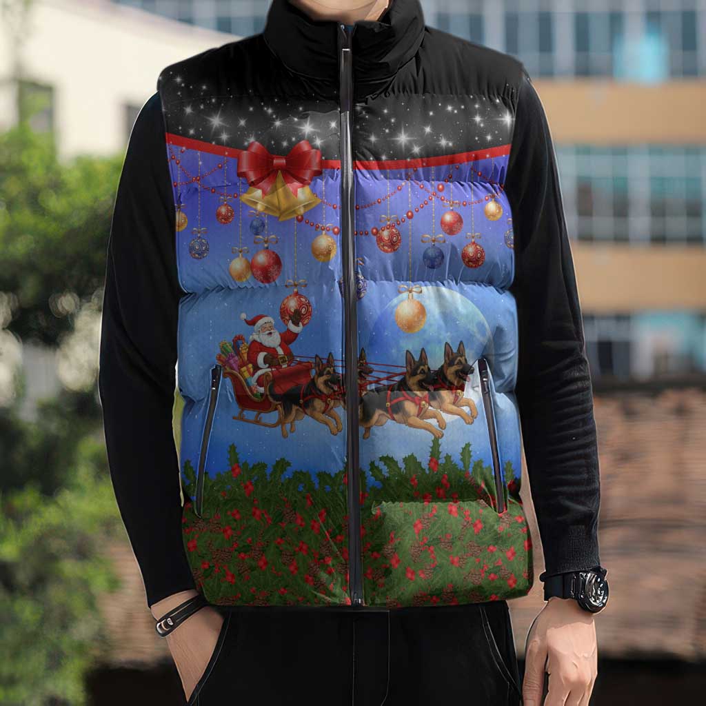 German Shepherd Christmas Sleeveless Puffer Jacket with Santa Sleigh and Holiday Ornament Design - Wonder Print Shop