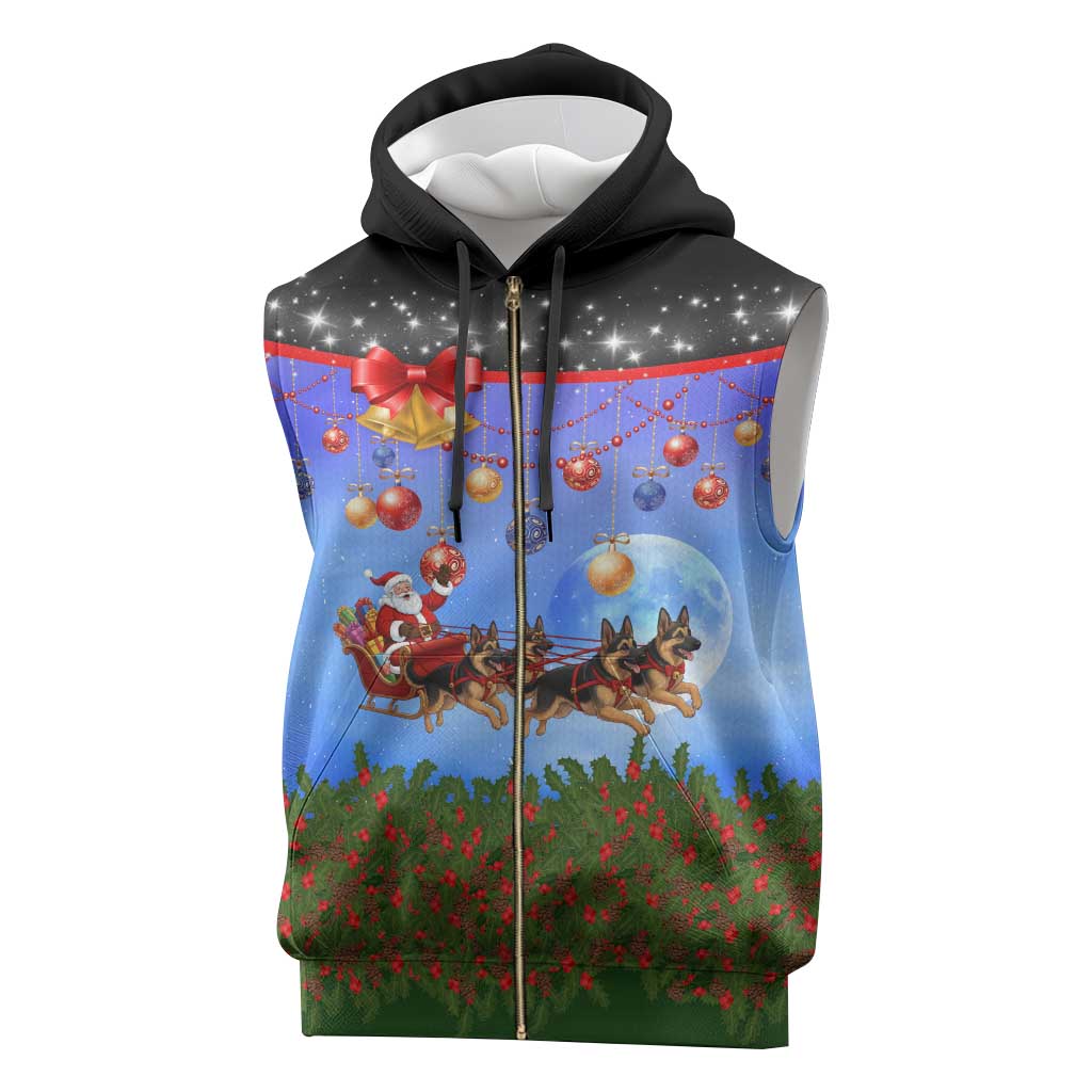 German Shepherd Christmas Sleeveless Zip Hoodie with Santa Sleigh and Holiday Ornament Design - Wonder Print Shop