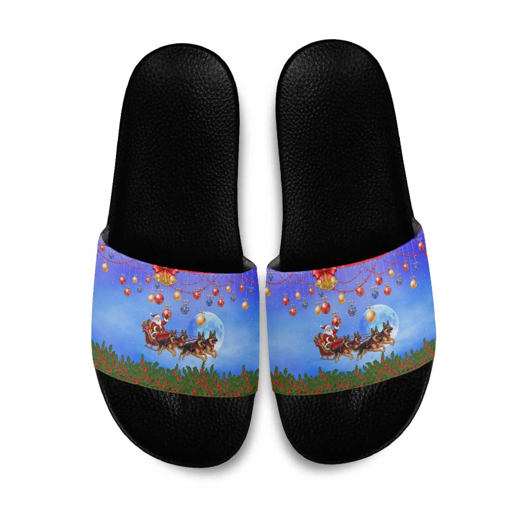 German Shepherd Christmas Slide Sandals with Santa Sleigh and Holiday Ornament Design - Wonder Print Shop