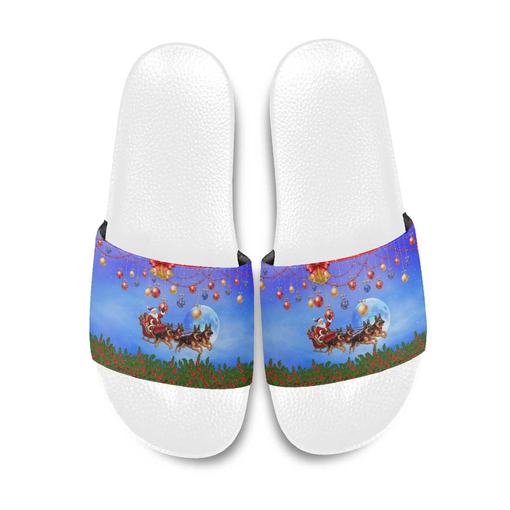 German Shepherd Christmas Slide Sandals with Santa Sleigh and Holiday Ornament Design - Wonder Print Shop