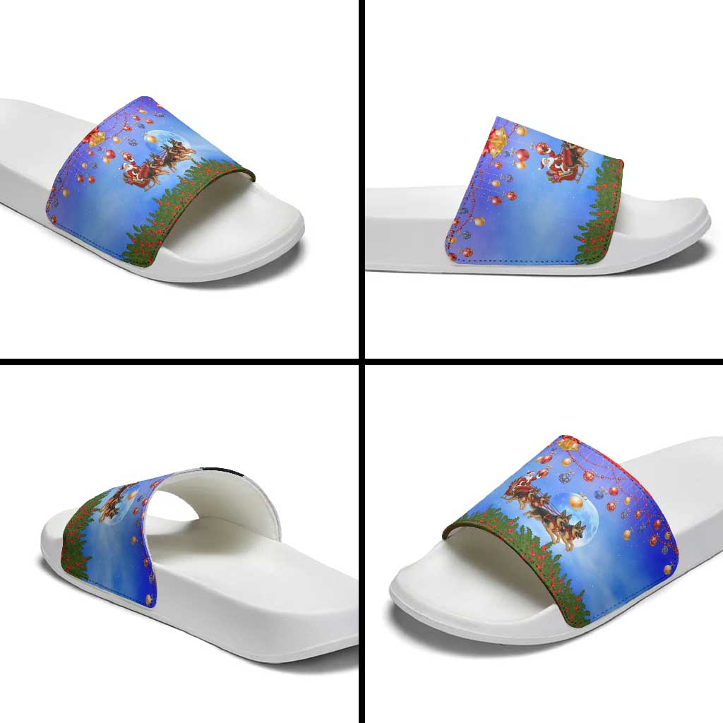 German Shepherd Christmas Slide Sandals with Santa Sleigh and Holiday Ornament Design - Wonder Print Shop