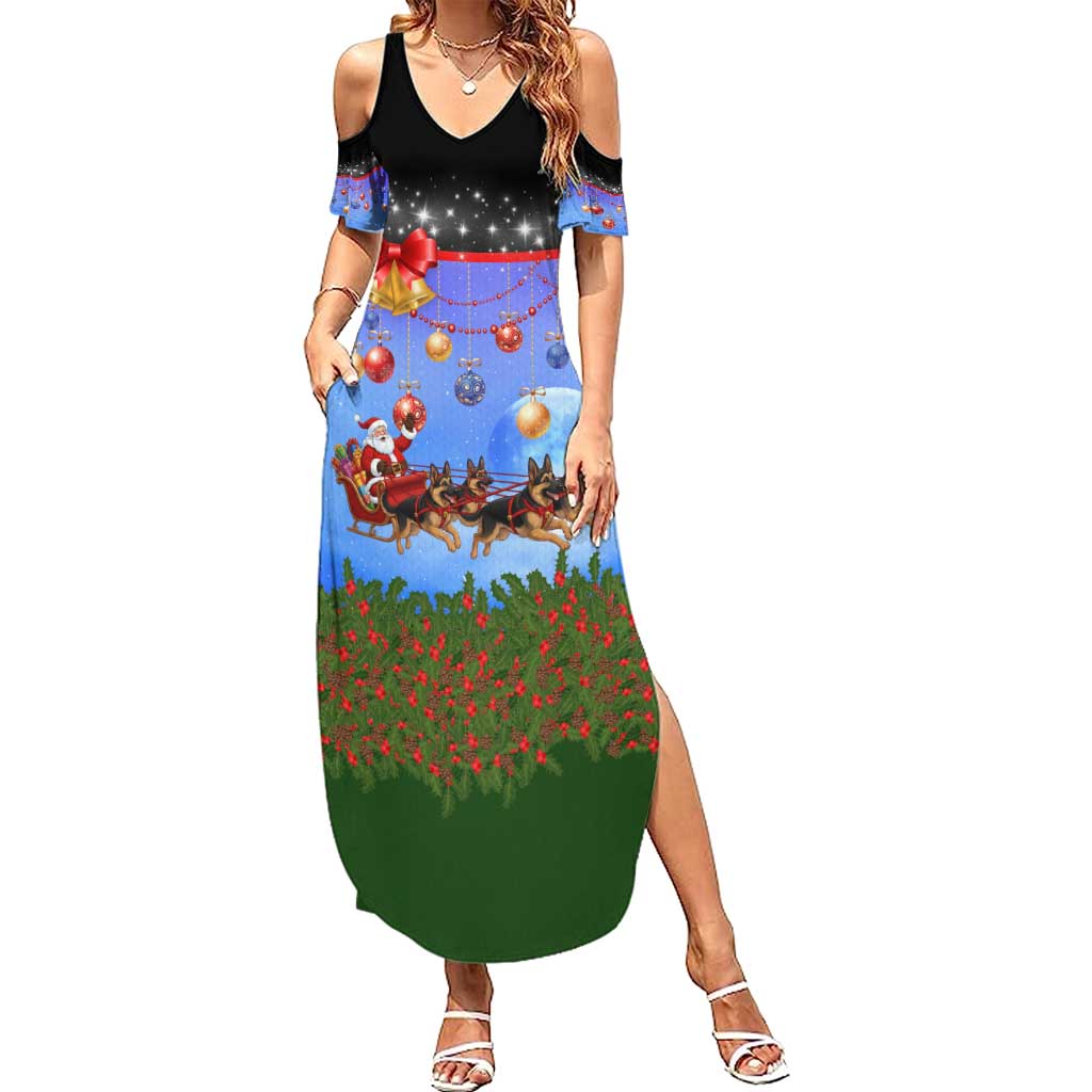 German Shepherd Christmas Summer Maxi Dress with Santa Sleigh and Holiday Ornament Design - Wonder Print Shop