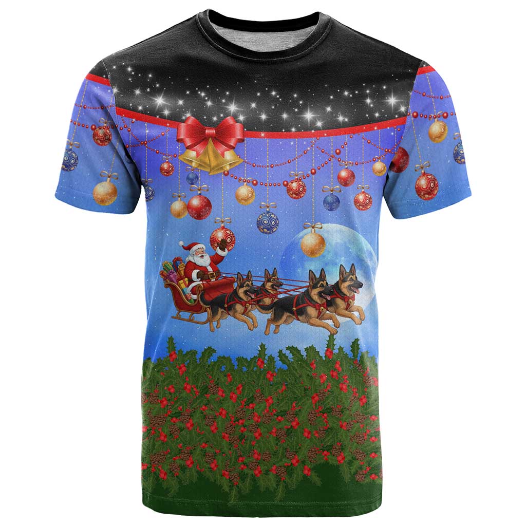 German Shepherd Christmas T Shirt with Santa Sleigh and Holiday Ornament Design - Wonder Print Shop