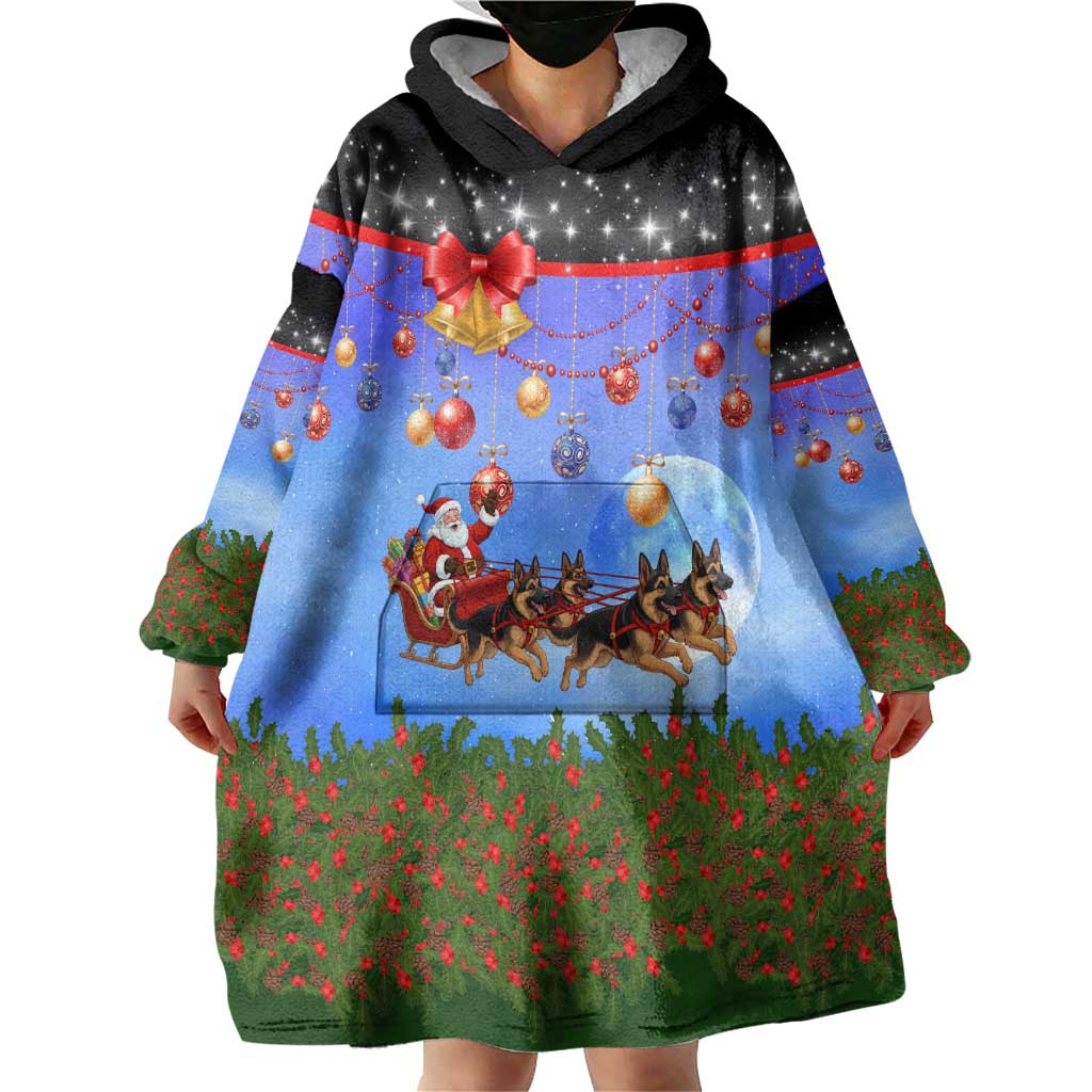 German Shepherd Christmas Wearable Blanket Hoodie with Santa Sleigh and Holiday Ornament Design - Wonder Print Shop