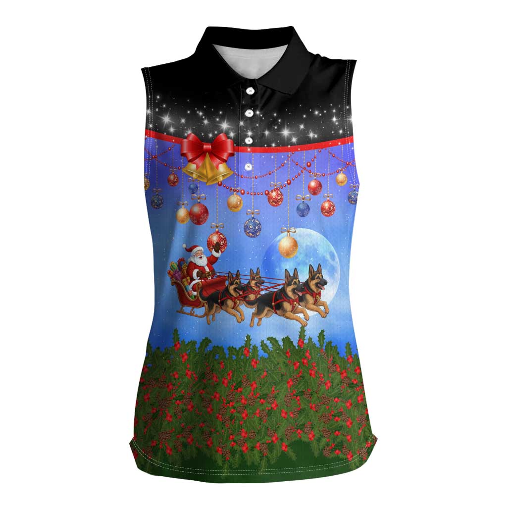 German Shepherd Christmas Women Sleeveless Polo Shirt with Santa Sleigh and Holiday Ornament Design - Wonder Print Shop