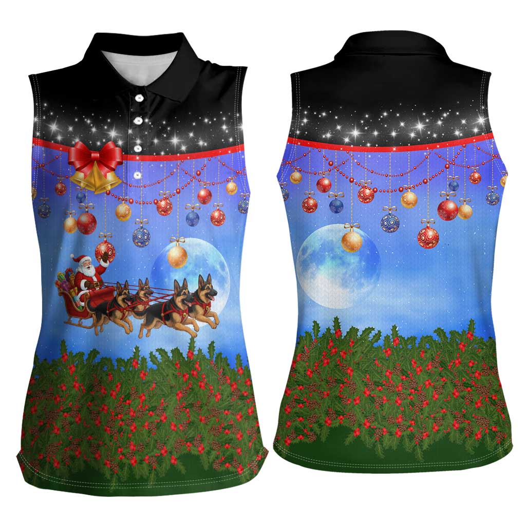 German Shepherd Christmas Women Sleeveless Polo Shirt with Santa Sleigh and Holiday Ornament Design - Wonder Print Shop