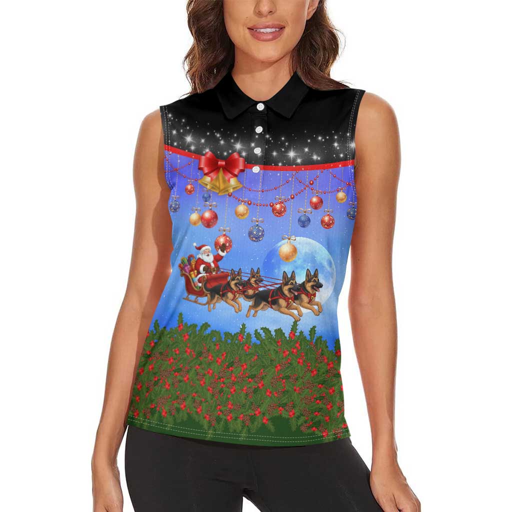 German Shepherd Christmas Women Sleeveless Polo Shirt with Santa Sleigh and Holiday Ornament Design - Wonder Print Shop