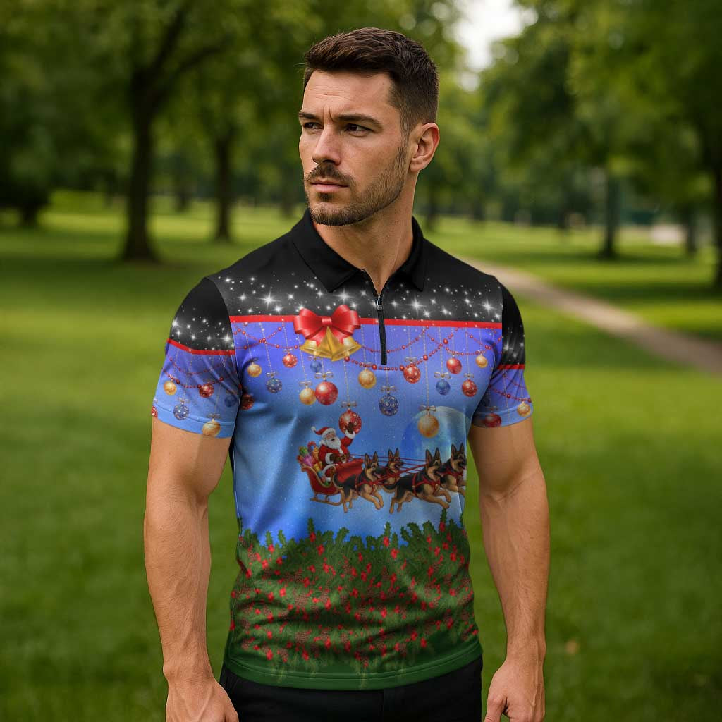 German Shepherd Christmas Zipper Polo Shirt with Santa Sleigh and Holiday Ornament Design - Wonder Print Shop