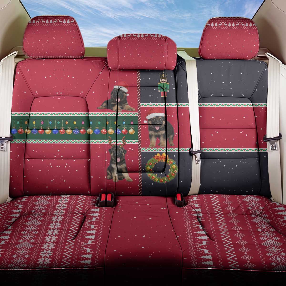 German Shepherd Puppy Christmas Back Car Seat Cover with Ornaments Wreath and Nutcracker Design - Wonder Print Shop