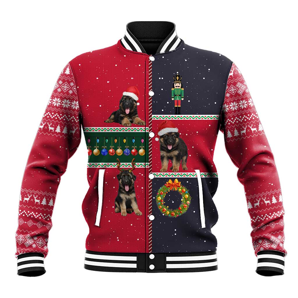 German Shepherd Puppy Christmas Baseball Jacket with Ornaments Wreath and Nutcracker Design - Wonder Print Shop
