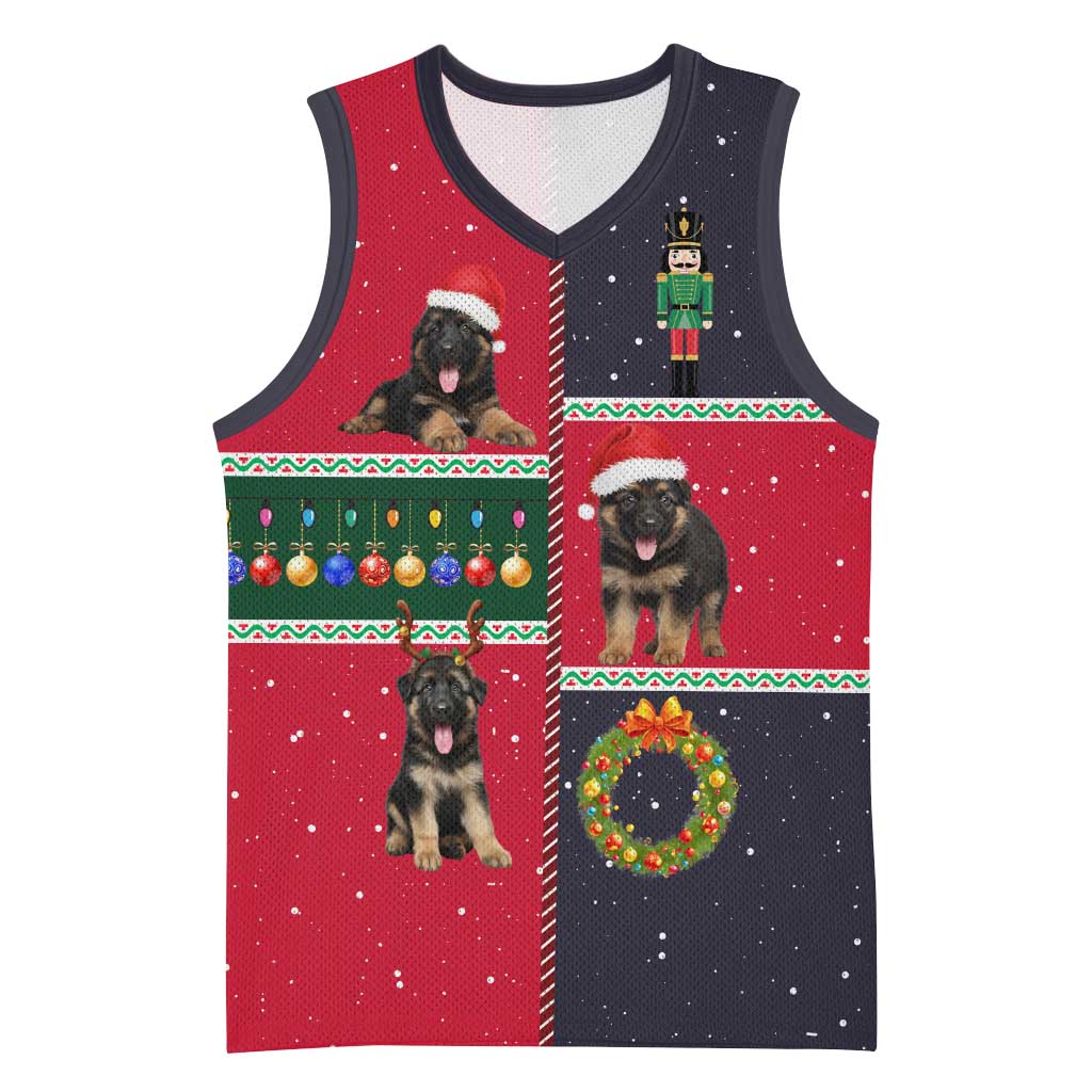 German Shepherd Puppy Christmas Basketball Jersey with Ornaments Wreath and Nutcracker Design - Wonder Print Shop