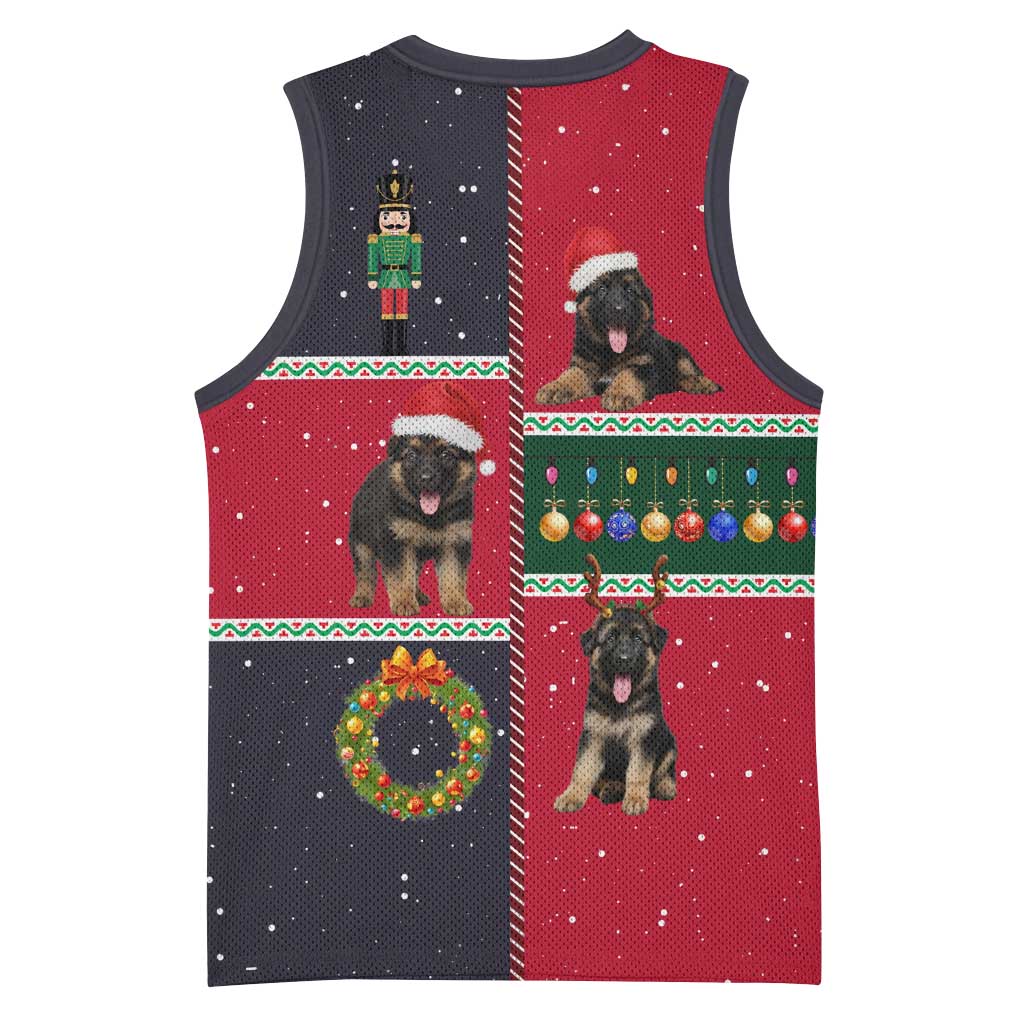 German Shepherd Puppy Christmas Basketball Jersey with Ornaments Wreath and Nutcracker Design - Wonder Print Shop