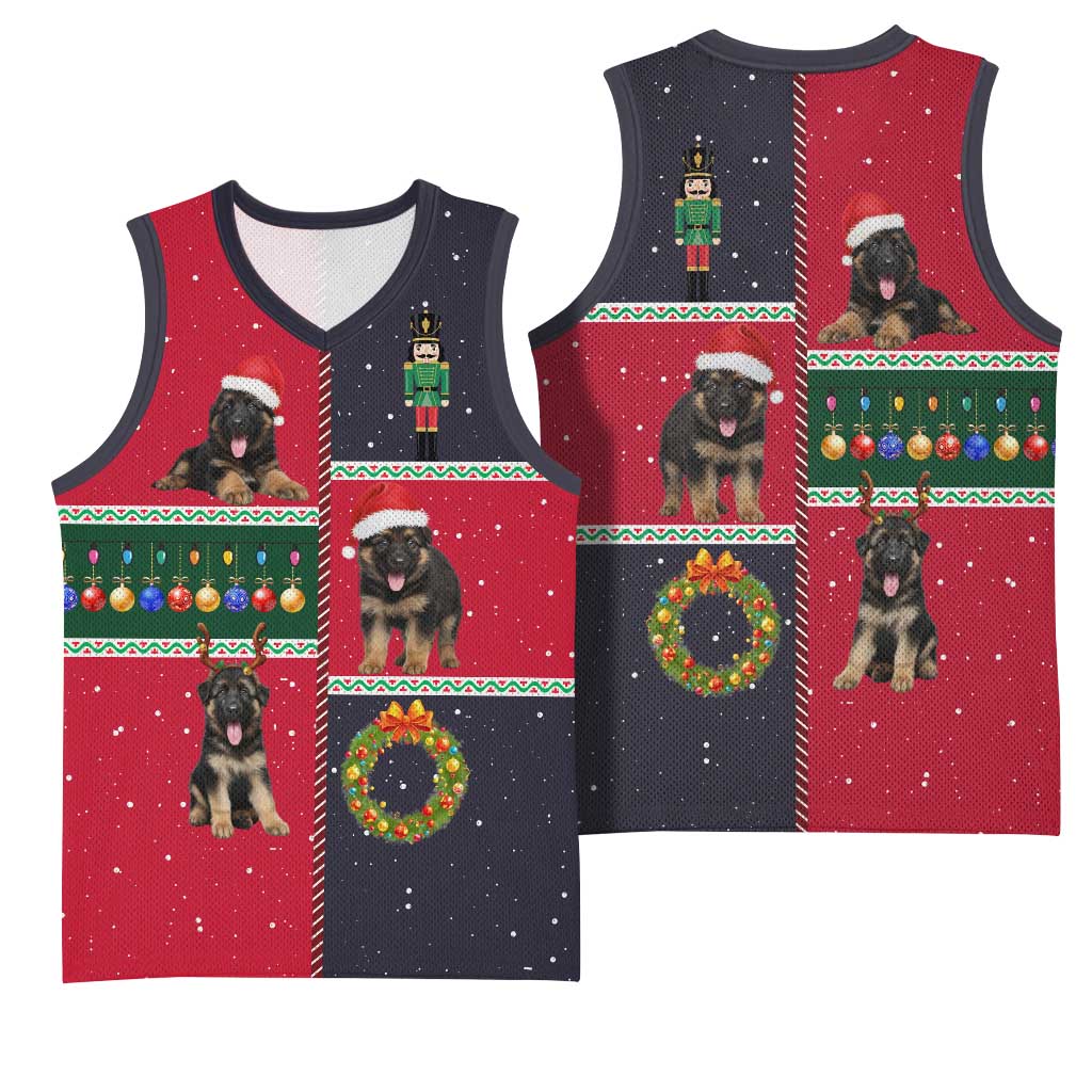 German Shepherd Puppy Christmas Basketball Jersey with Ornaments Wreath and Nutcracker Design - Wonder Print Shop