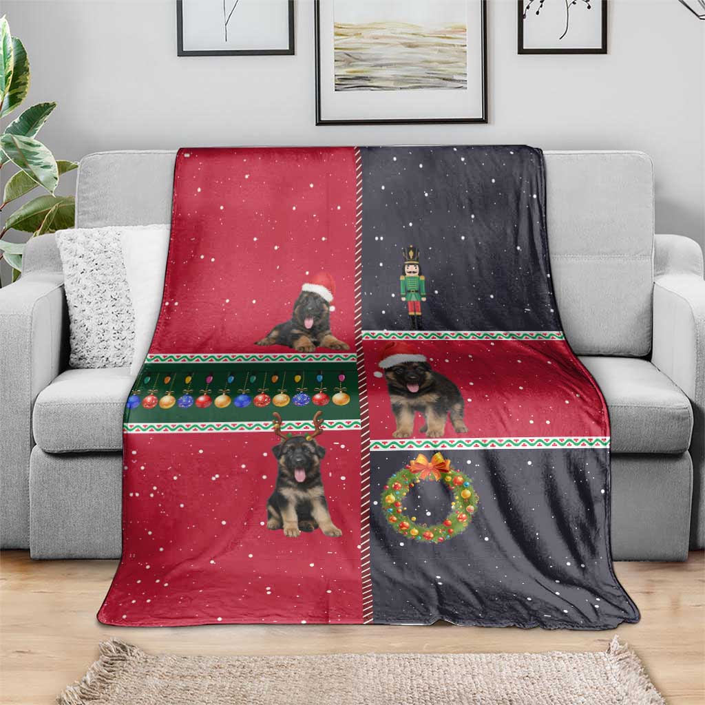 German Shepherd Puppy Christmas Blanket with Ornaments Wreath and Nutcracker Design - Wonder Print Shop