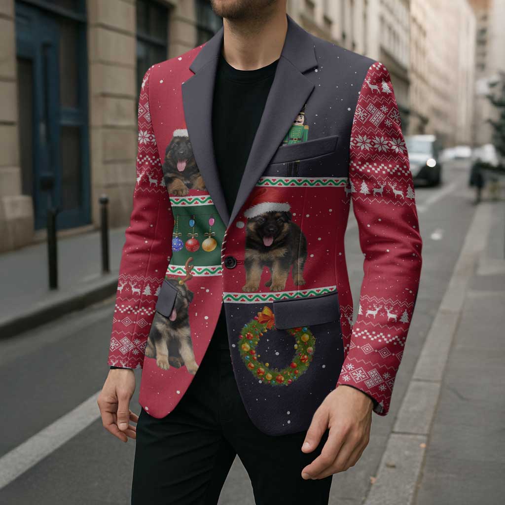 German Shepherd Puppy Christmas Blazer with Ornaments Wreath and Nutcracker Design - Wonder Print Shop