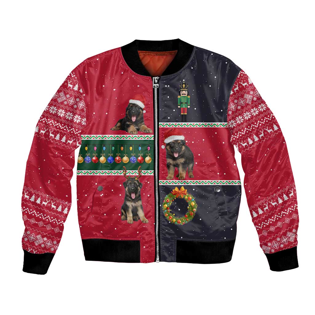 German Shepherd Puppy Christmas Bomber Jacket with Ornaments Wreath and Nutcracker Design - Wonder Print Shop