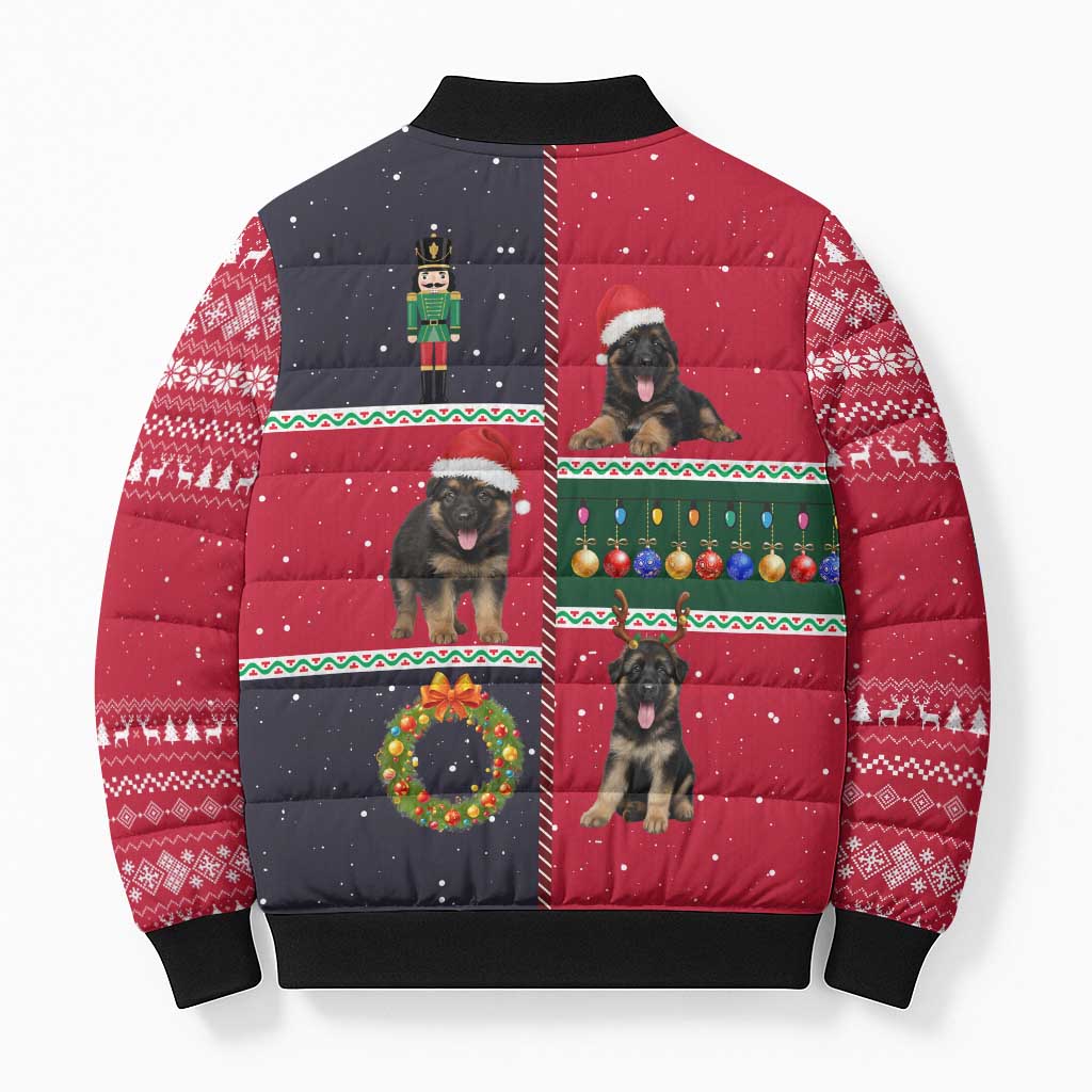 German Shepherd Puppy Christmas Bomber Puffer Jacket with Ornaments Wreath and Nutcracker Design - Wonder Print Shop