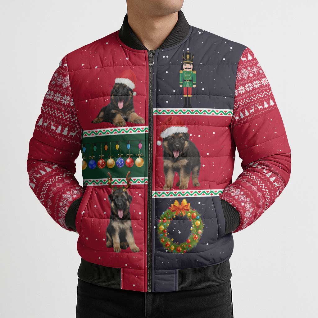 German Shepherd Puppy Christmas Bomber Puffer Jacket with Ornaments Wreath and Nutcracker Design - Wonder Print Shop