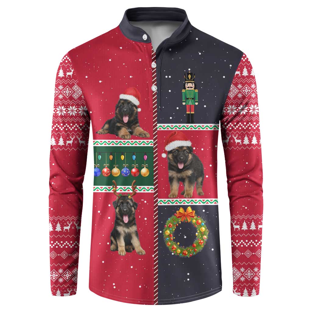 German Shepherd Puppy Christmas Button Sweatshirt with Ornaments Wreath and Nutcracker Design - Wonder Print Shop
