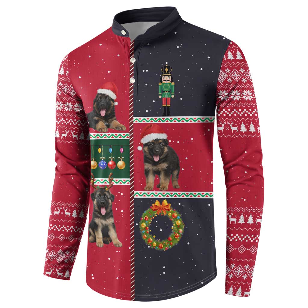 German Shepherd Puppy Christmas Button Sweatshirt with Ornaments Wreath and Nutcracker Design - Wonder Print Shop