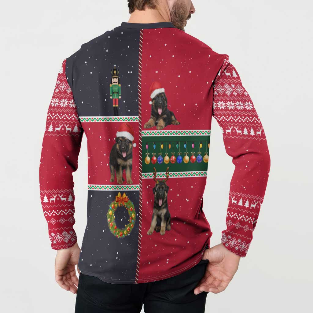 German Shepherd Puppy Christmas Button Sweatshirt with Ornaments Wreath and Nutcracker Design - Wonder Print Shop