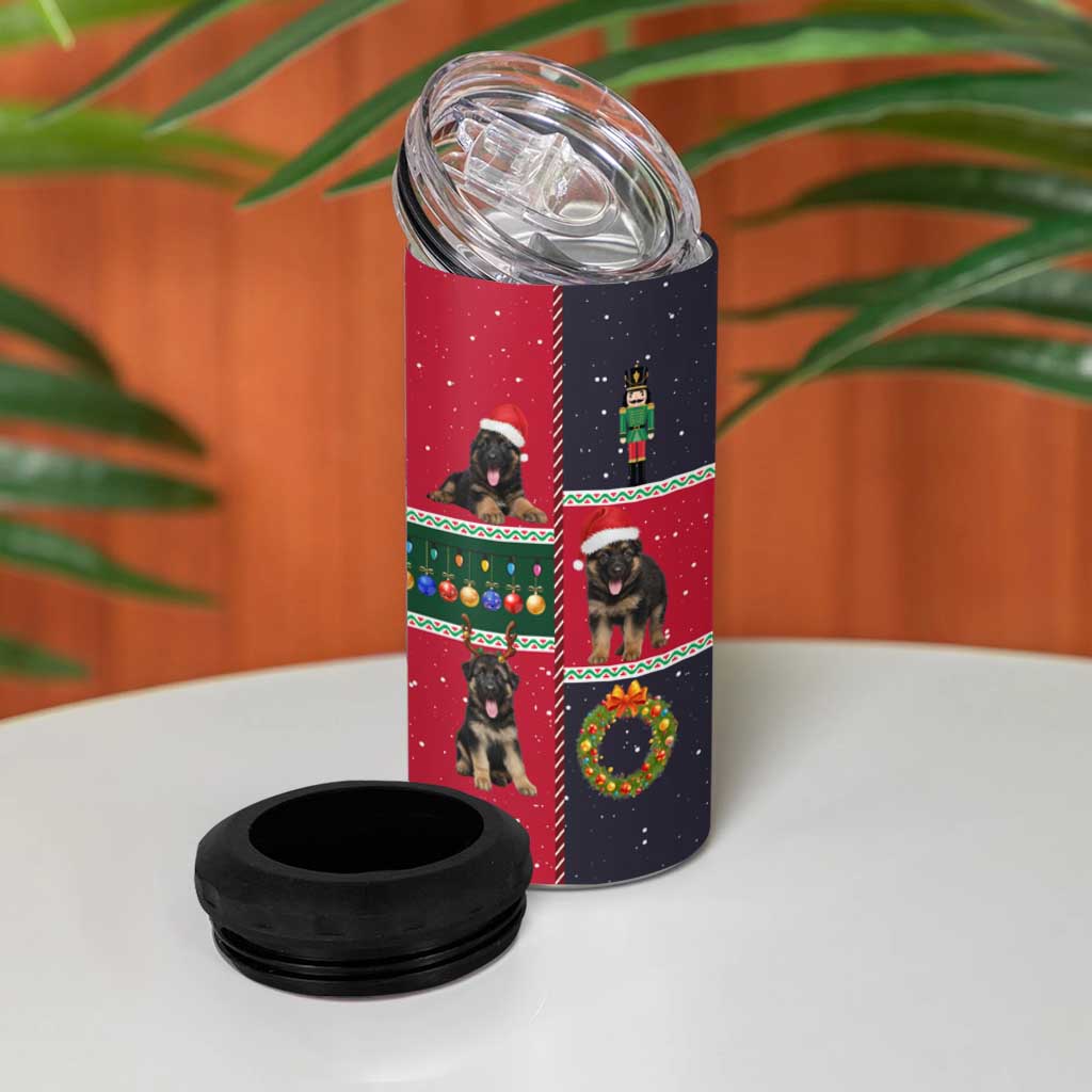 German Shepherd Puppy Christmas 4 in 1 Can Cooler Tumbler with Ornaments Wreath and Nutcracker Design - Wonder Print Shop