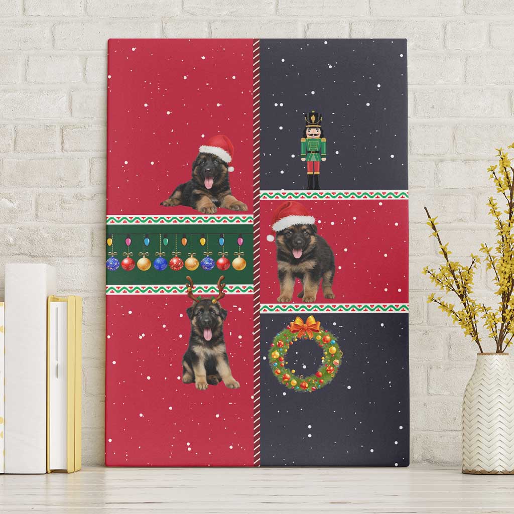 German Shepherd Puppy Christmas Canvas Wall Art with Ornaments Wreath and Nutcracker Design - Wonder Print Shop
