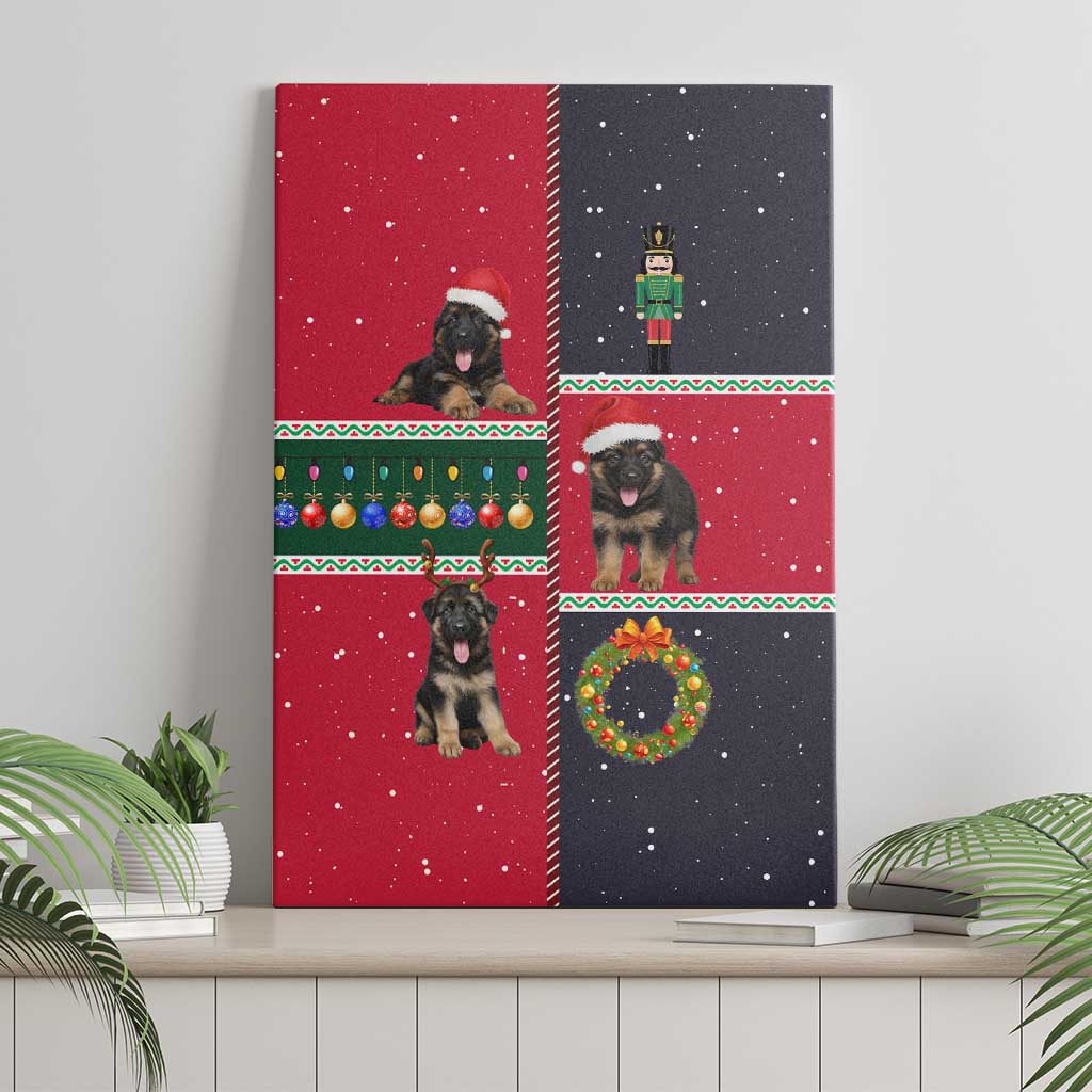 German Shepherd Puppy Christmas Canvas Wall Art with Ornaments Wreath and Nutcracker Design - Wonder Print Shop
