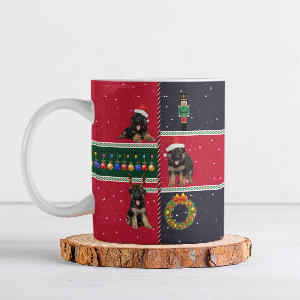 German Shepherd Puppy Christmas Ceramic Mug with Ornaments Wreath and Nutcracker Design - Wonder Print Shop