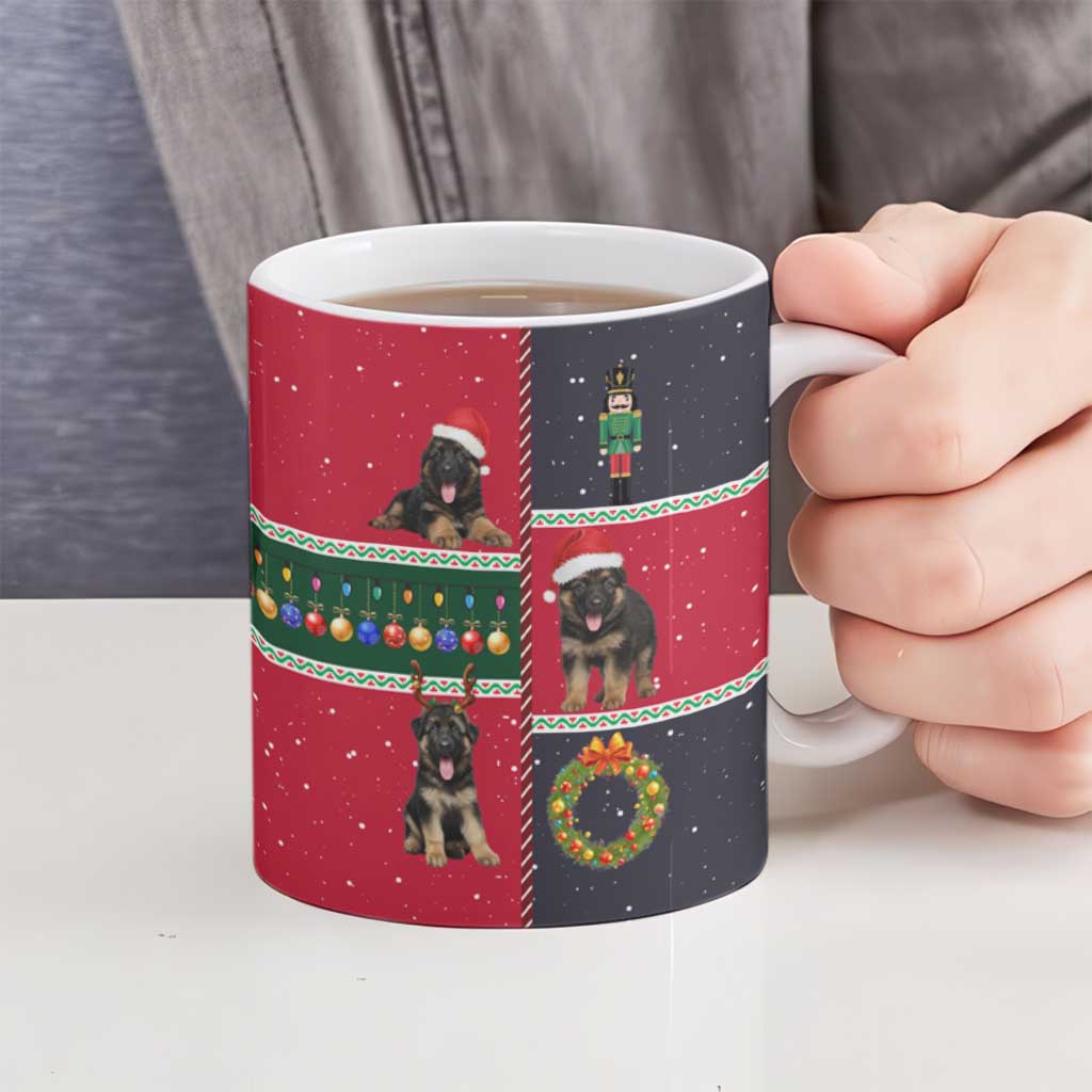 German Shepherd Puppy Christmas Ceramic Mug with Ornaments Wreath and Nutcracker Design - Wonder Print Shop