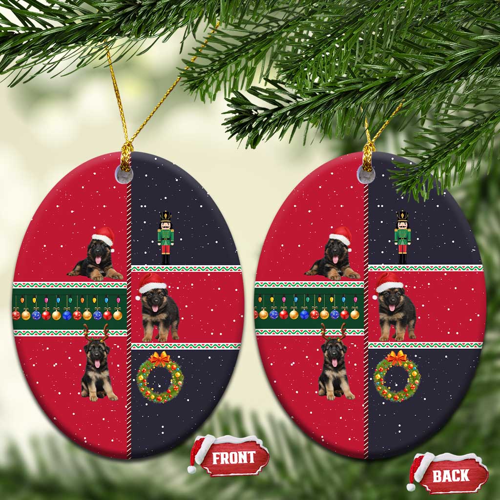 German Shepherd Puppy Christmas Ceramic Ornament with Ornaments Wreath and Nutcracker Design - Wonder Print Shop