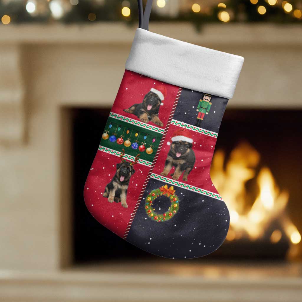 German Shepherd Puppy Christmas Stocking with Ornaments Wreath and Nutcracker Design - Wonder Print Shop