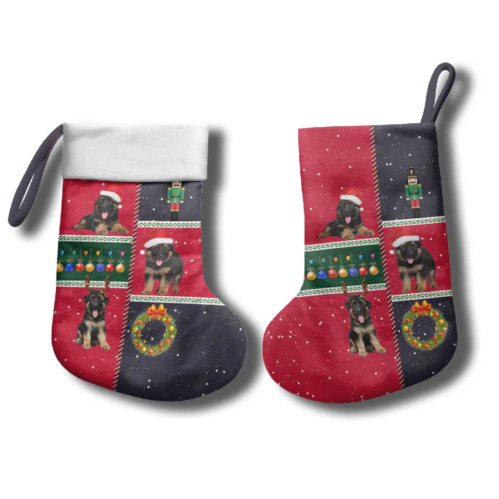 German Shepherd Puppy Christmas Stocking with Ornaments Wreath and Nutcracker Design - Wonder Print Shop