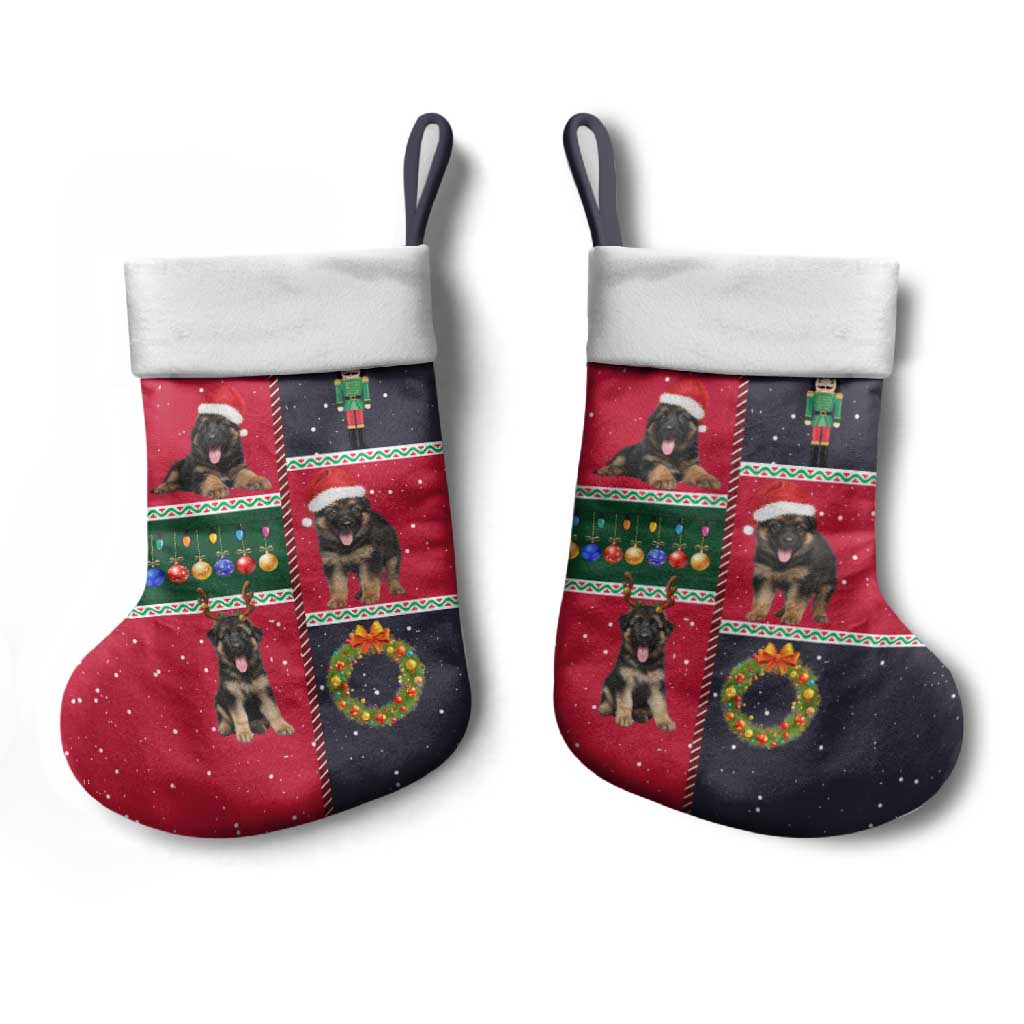 German Shepherd Puppy Christmas Stocking with Ornaments Wreath and Nutcracker Design - Wonder Print Shop