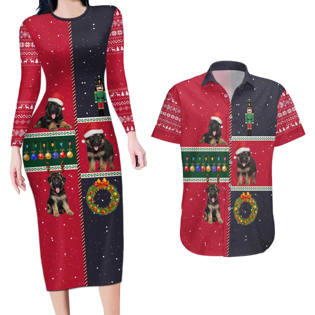 German Shepherd Puppy Christmas Couples Matching Long Sleeve Bodycon Dress and Hawaiian Shirt with Ornaments Wreath and Nutcracker Design - Wonder Print Shop
