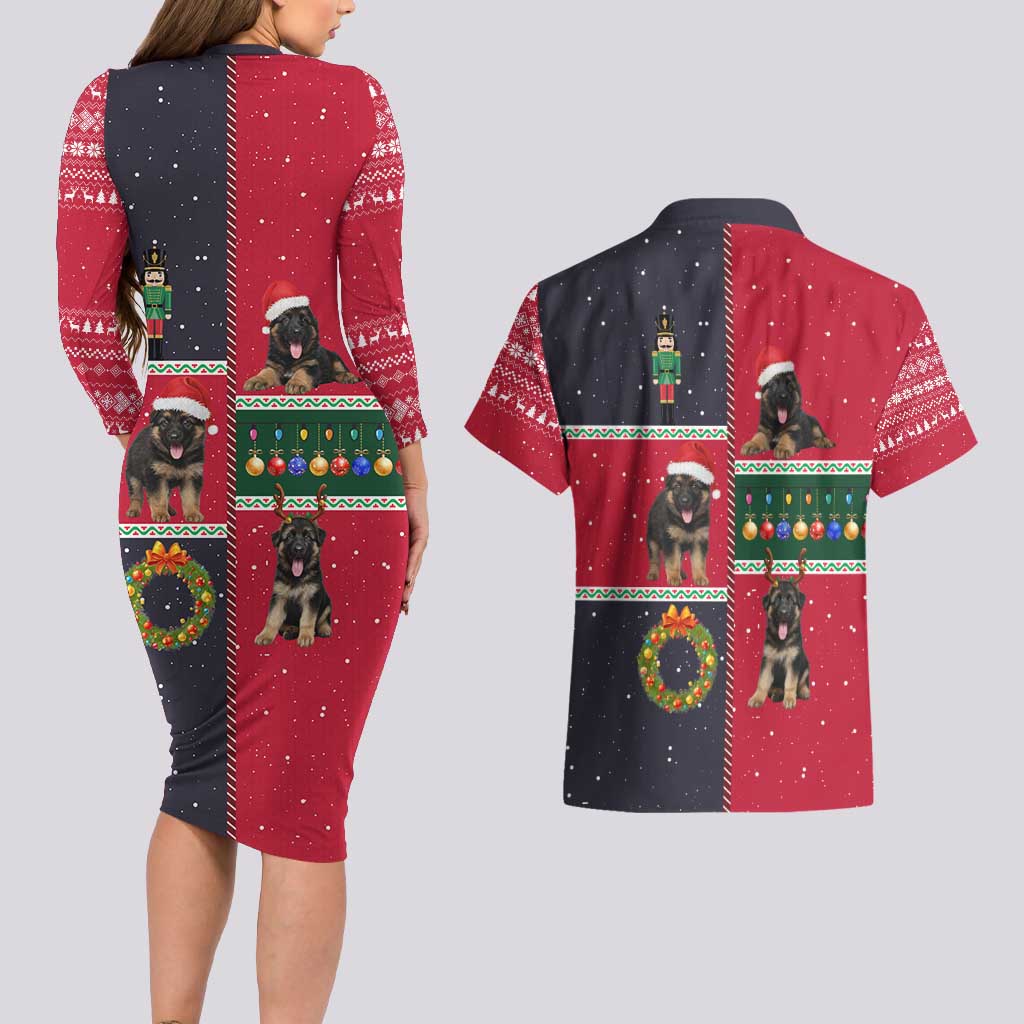 German Shepherd Puppy Christmas Couples Matching Long Sleeve Bodycon Dress and Hawaiian Shirt with Ornaments Wreath and Nutcracker Design - Wonder Print Shop