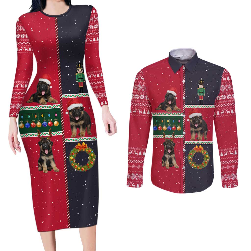 German Shepherd Puppy Christmas Couples Matching Long Sleeve Bodycon Dress and Long Sleeve Button Shirt with Ornaments Wreath and Nutcracker Design - Wonder Print Shop