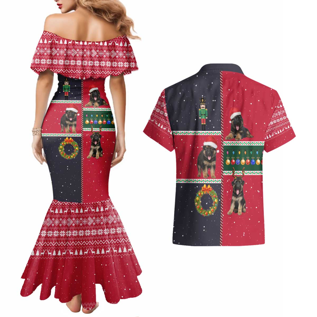 German Shepherd Puppy Christmas Couples Matching Mermaid Dress and Hawaiian Shirt with Ornaments Wreath and Nutcracker Design - Wonder Print Shop
