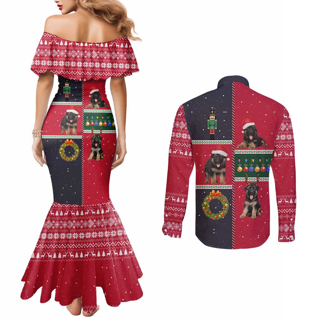 German Shepherd Puppy Christmas Couples Matching Mermaid Dress and Long Sleeve Button Shirt with Ornaments Wreath and Nutcracker Design - Wonder Print Shop