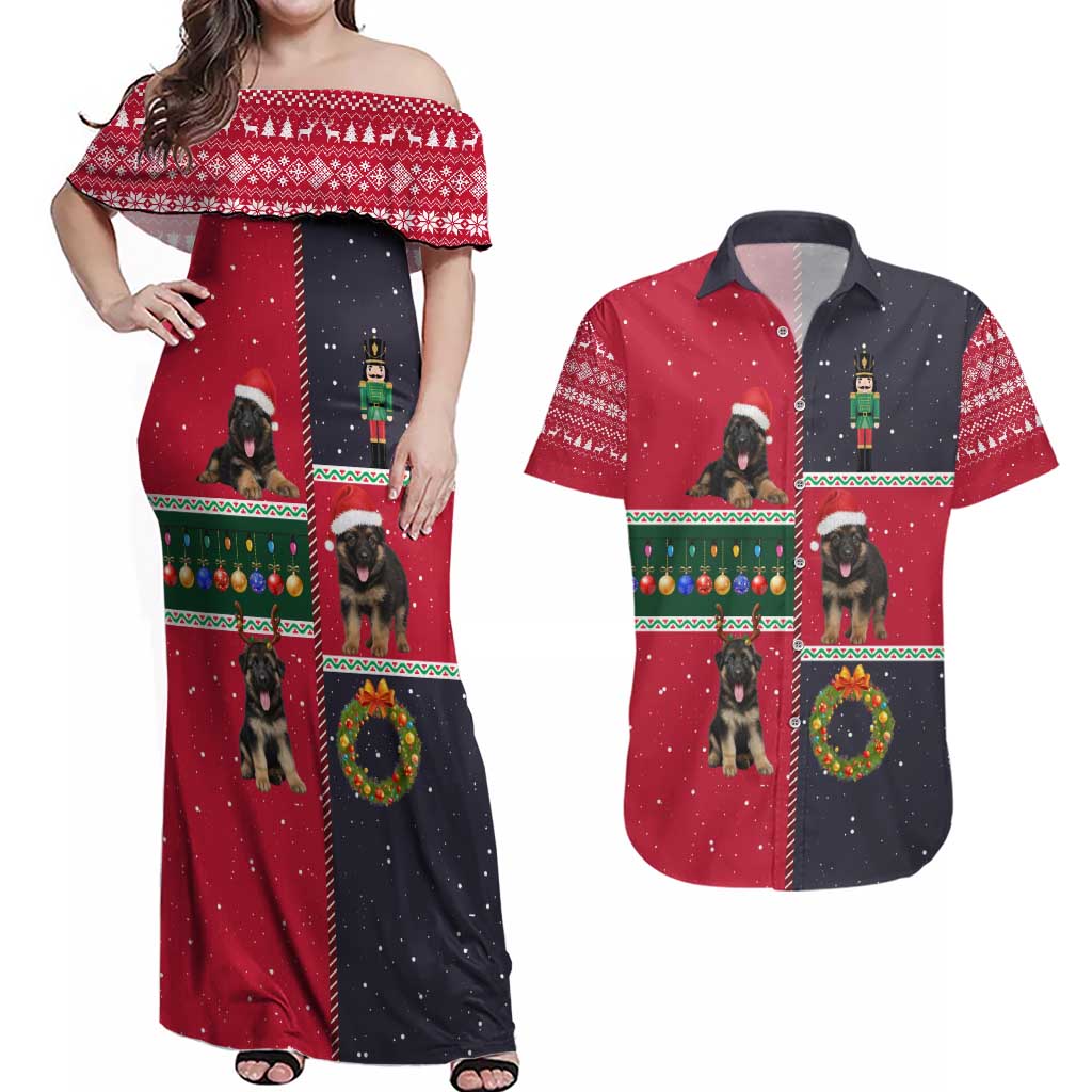German Shepherd Puppy Christmas Couples Matching Off Shoulder Maxi Dress and Hawaiian Shirt with Ornaments Wreath and Nutcracker Design - Wonder Print Shop