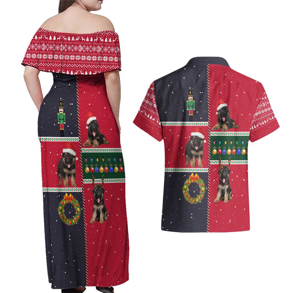 German Shepherd Puppy Christmas Couples Matching Off Shoulder Maxi Dress and Hawaiian Shirt with Ornaments Wreath and Nutcracker Design - Wonder Print Shop