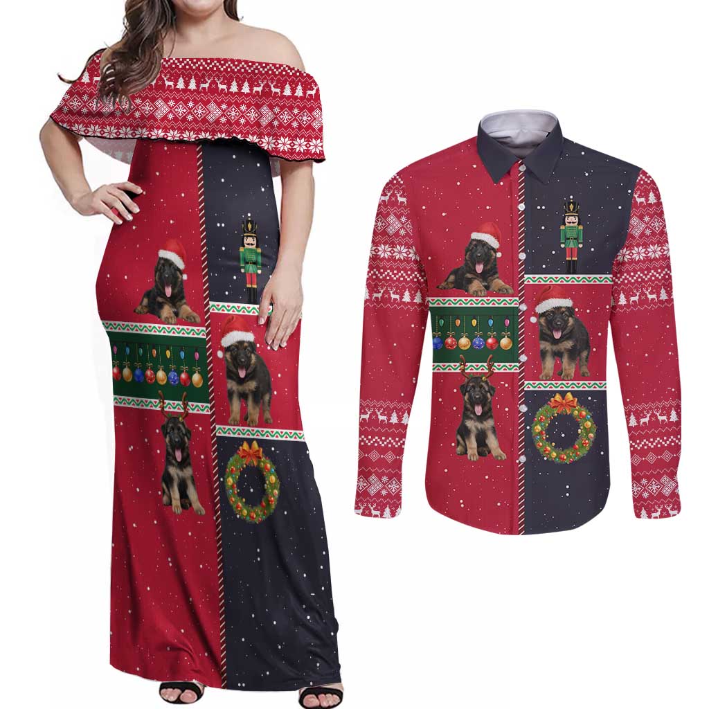 German Shepherd Puppy Christmas Couples Matching Off Shoulder Maxi Dress and Long Sleeve Button Shirt with Ornaments Wreath and Nutcracker Design - Wonder Print Shop