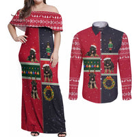 German Shepherd Puppy Christmas Couples Matching Off Shoulder Maxi Dress and Long Sleeve Button Shirt with Ornaments Wreath and Nutcracker Design - Wonder Print Shop