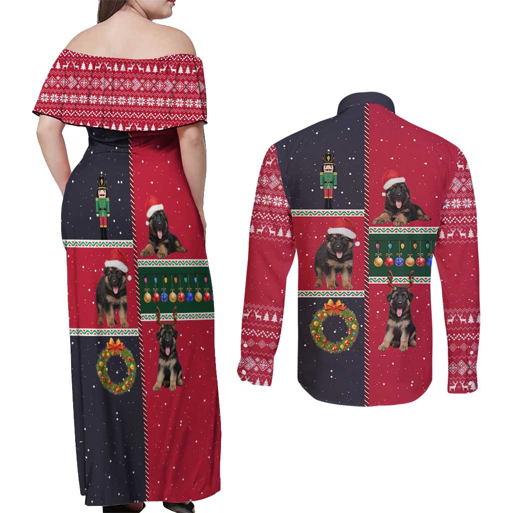 German Shepherd Puppy Christmas Couples Matching Off Shoulder Maxi Dress and Long Sleeve Button Shirt with Ornaments Wreath and Nutcracker Design - Wonder Print Shop