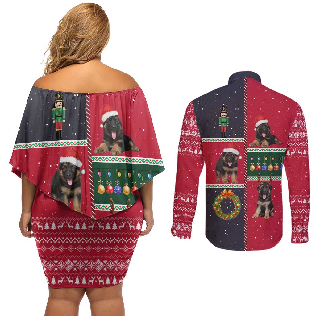 German Shepherd Puppy Christmas Couples Matching Off Shoulder Short Dress and Long Sleeve Button Shirt with Ornaments Wreath and Nutcracker Design - Wonder Print Shop