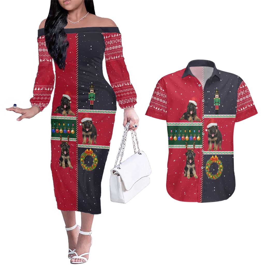 German Shepherd Puppy Christmas Couples Matching Off The Shoulder Long Sleeve Dress and Hawaiian Shirt with Ornaments Wreath and Nutcracker Design - Wonder Print Shop