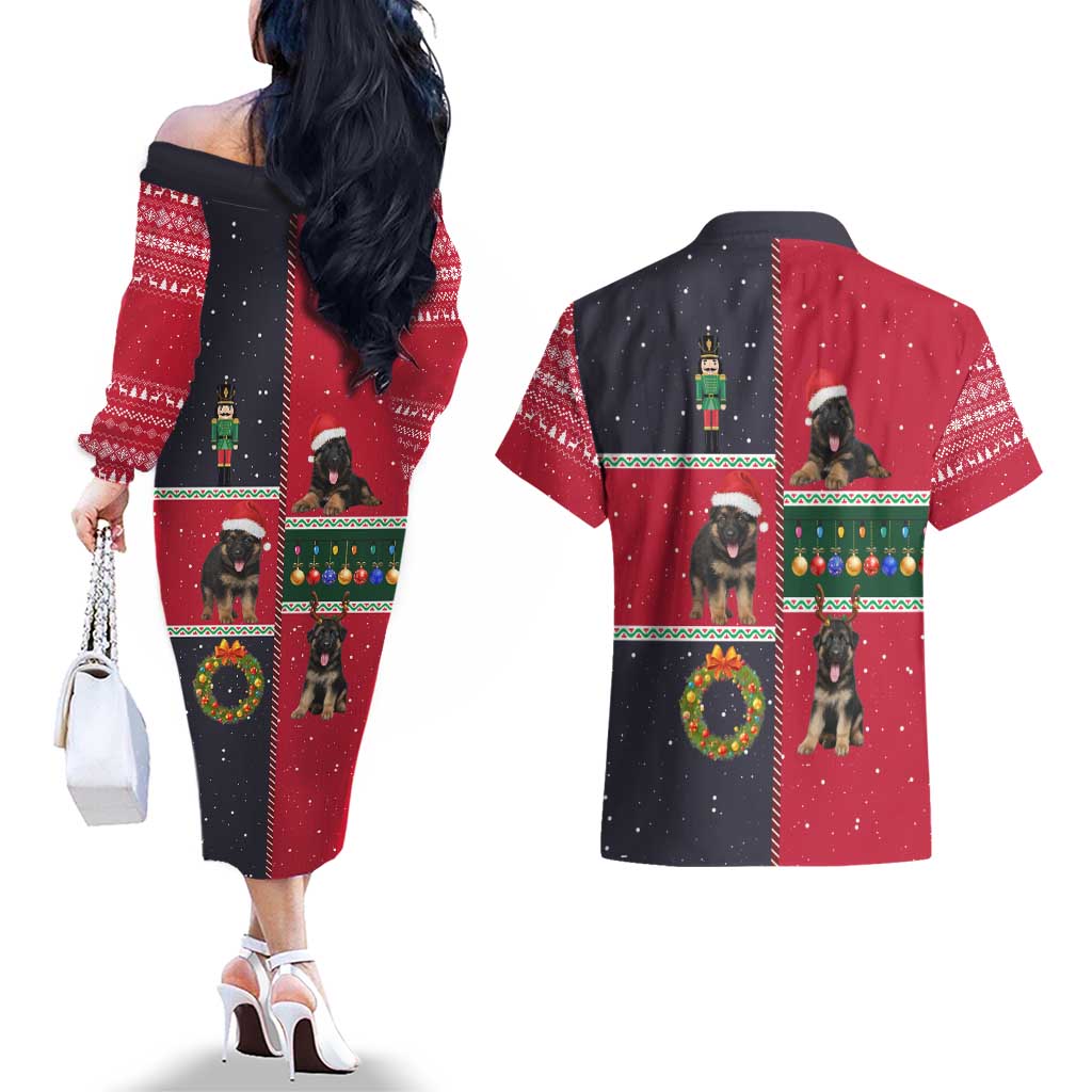 German Shepherd Puppy Christmas Couples Matching Off The Shoulder Long Sleeve Dress and Hawaiian Shirt with Ornaments Wreath and Nutcracker Design - Wonder Print Shop