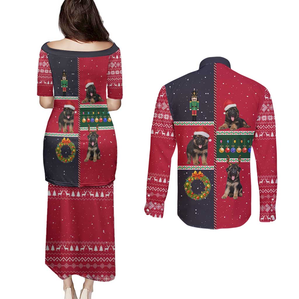 German Shepherd Puppy Christmas Couples Matching Puletasi and Long Sleeve Button Shirt with Ornaments Wreath and Nutcracker Design - Wonder Print Shop
