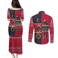 German Shepherd Puppy Christmas Couples Matching Puletasi and Long Sleeve Button Shirt with Ornaments Wreath and Nutcracker Design - Wonder Print Shop