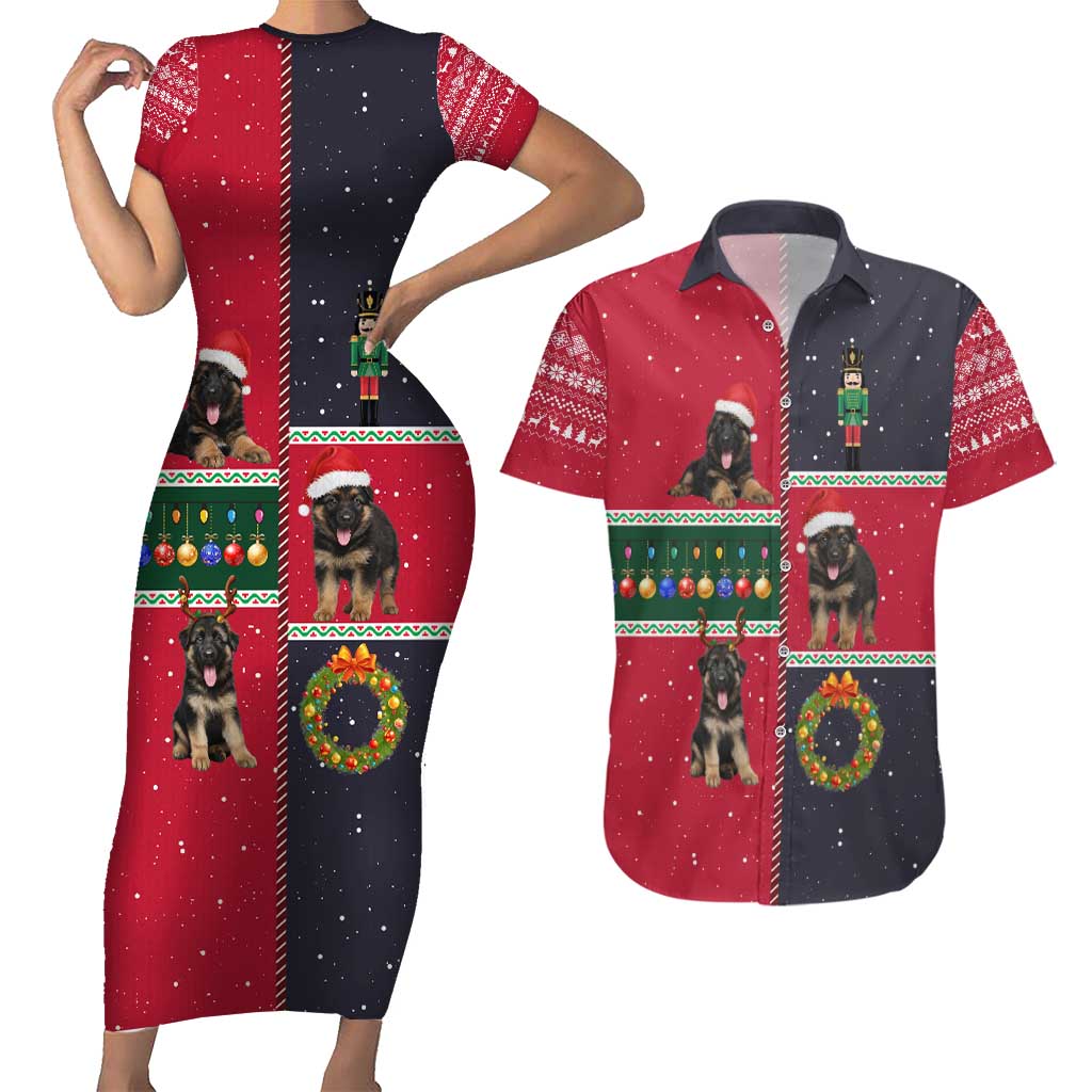 German Shepherd Puppy Christmas Couples Matching Short Sleeve Bodycon Dress and Hawaiian Shirt with Ornaments Wreath and Nutcracker Design - Wonder Print Shop